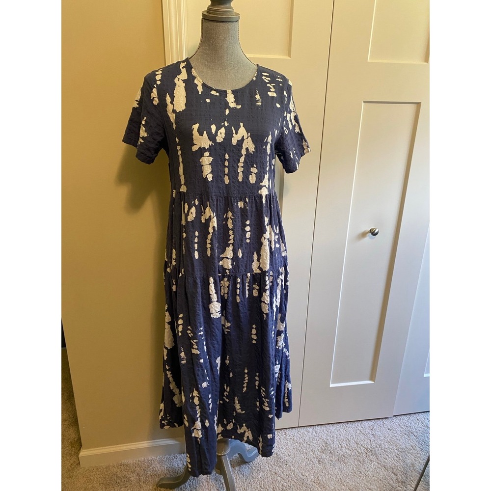 Navy blue white cotton rayon pullover short sleeve tiered midi dress size smalll
